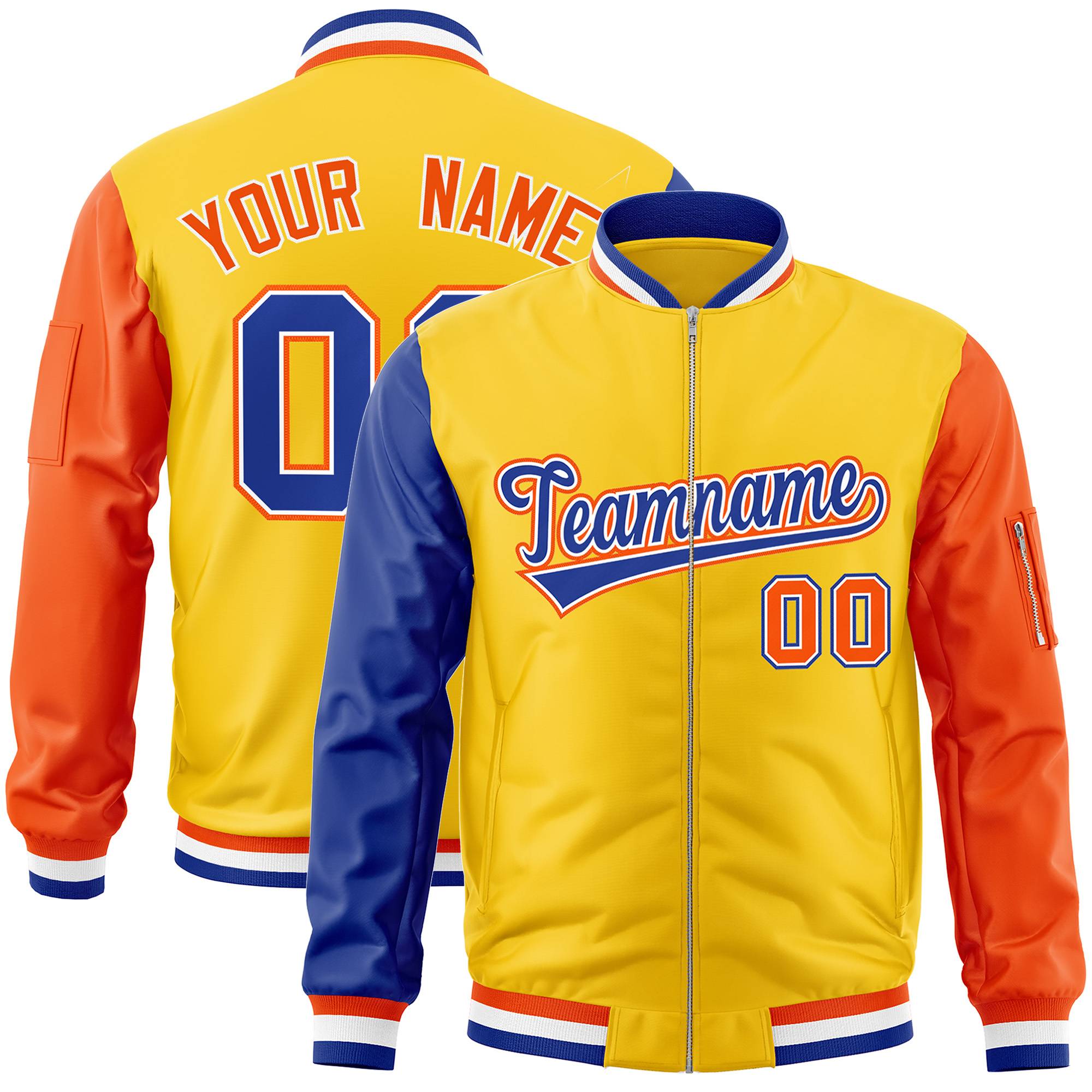 Custom Gold Orange-Royal Varsity Full-Zip Raglan Sleeves Letterman Bomber Jacket