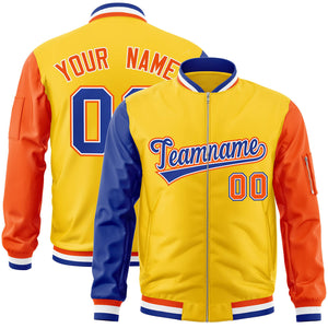 Custom Gold Orange-Royal Varsity Full-Zip Raglan Sleeves Letterman Bomber Jacket