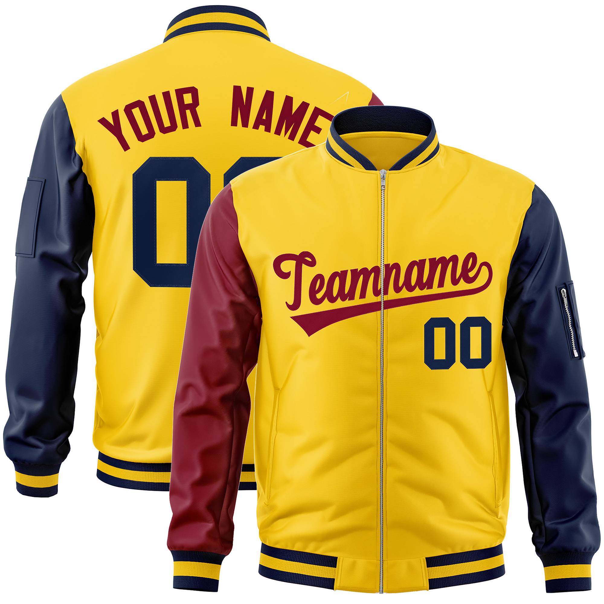 Custom Gold Navy-Crimson Varsity Full-Zip Raglan Sleeves Letterman Bomber Jacket