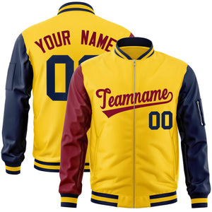 Custom Gold Navy-Crimson Varsity Full-Zip Raglan Sleeves Letterman Bomber Jacket