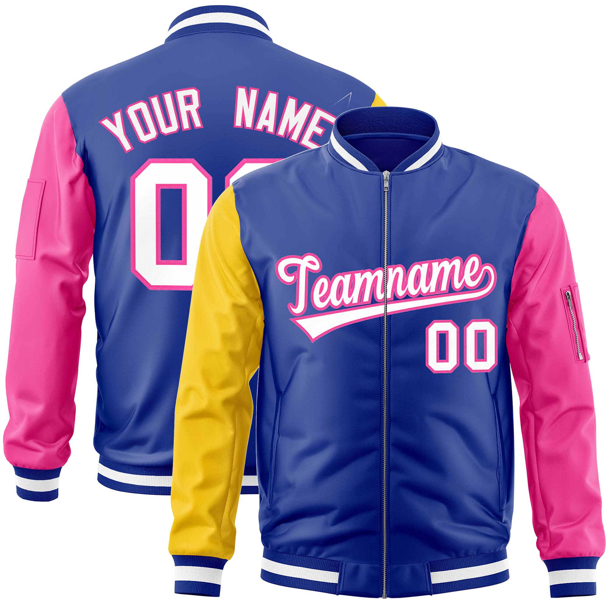 Custom Royal Pink-Gold Varsity Full-Zip Raglan Sleeves Letterman Bomber Jacket