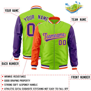 Custom Neon Green Purple-Orange Varsity Full-Zip Raglan Sleeves Letterman Bomber Jacket