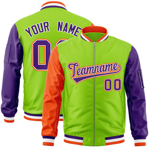 Custom Neon Green Purple-Orange Varsity Full-Zip Raglan Sleeves Letterman Bomber Jacket