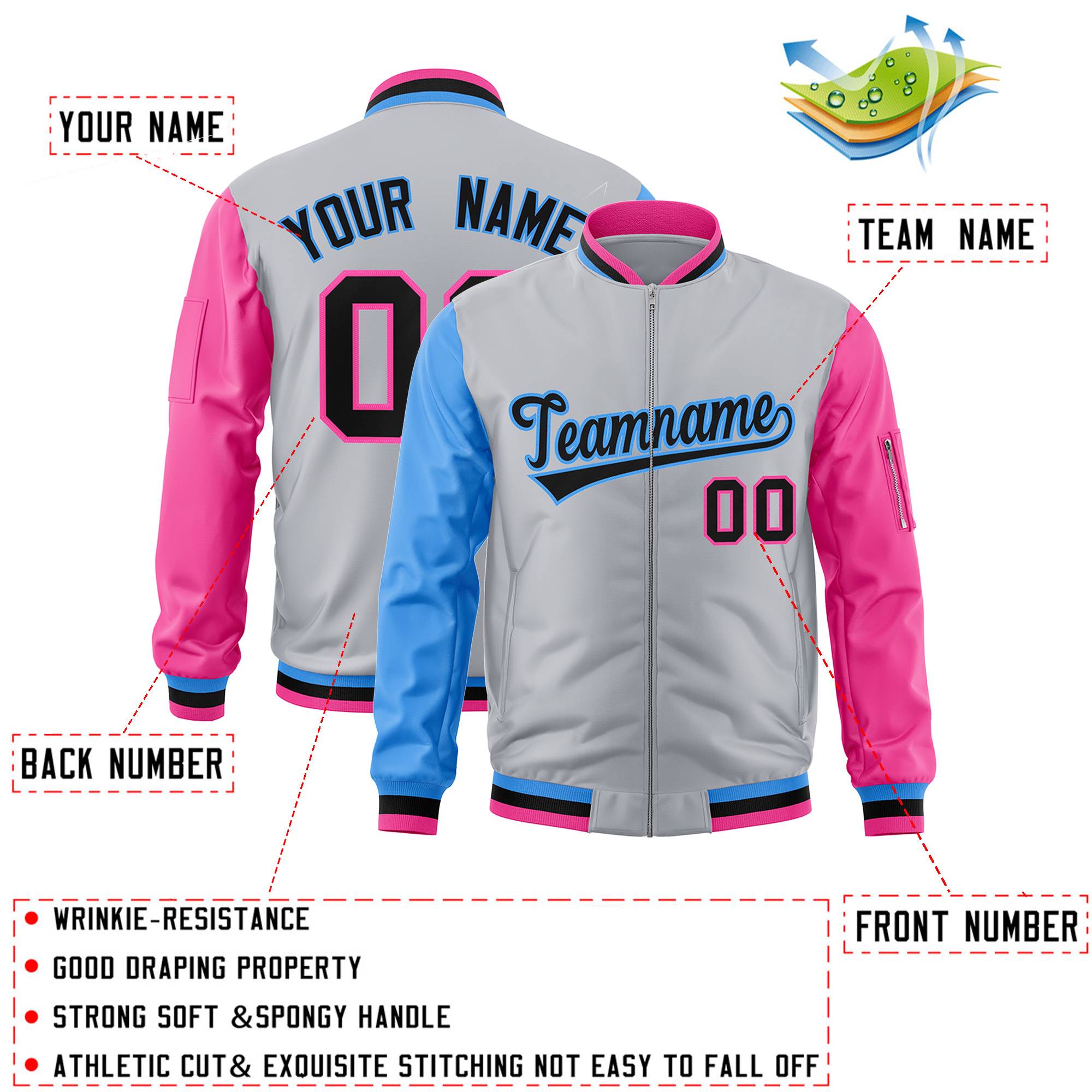 Custom Gray Pink-Powder Blue Varsity Full-Zip Raglan Sleeves Letterman Bomber Jacket