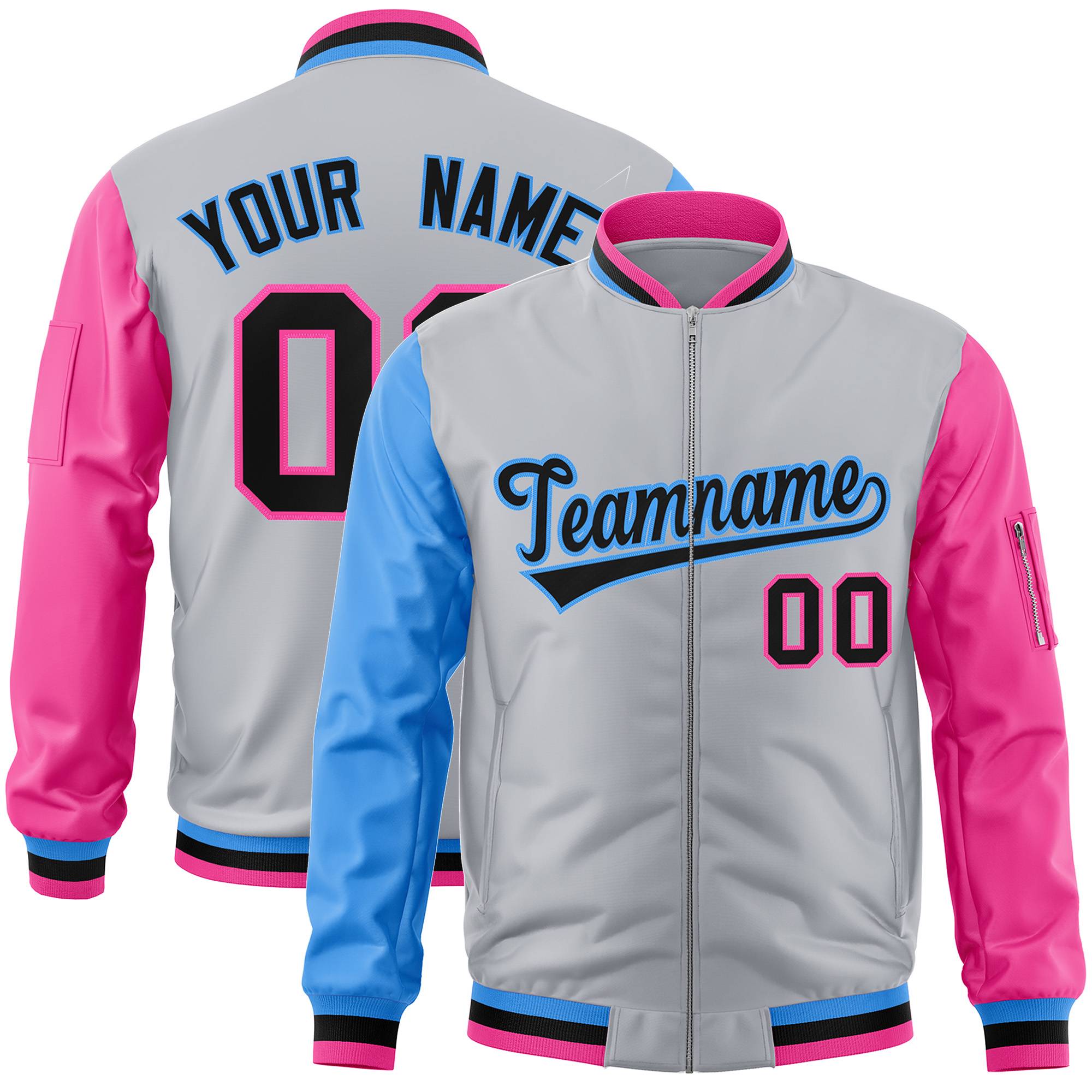 Custom Gray Pink-Powder Blue Varsity Full-Zip Raglan Sleeves Letterman Bomber Jacket