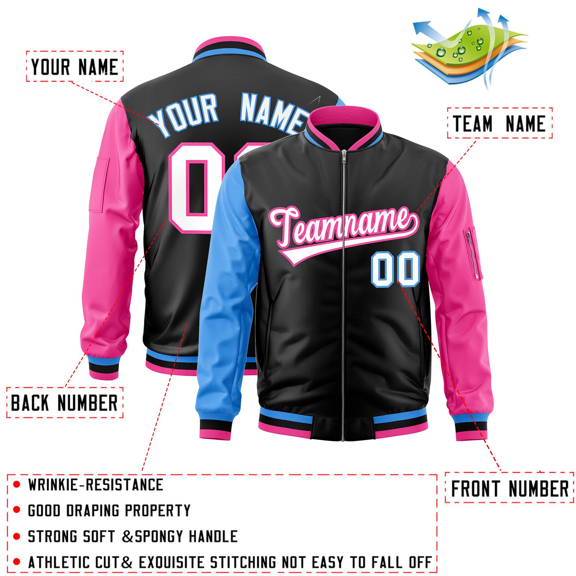 Custom Black Pink-Powder Blue Varsity Full-Zip Raglan Sleeves Letterman Bomber Jacket