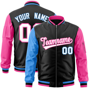 Custom Black Pink-Powder Blue Varsity Full-Zip Raglan Sleeves Letterman Bomber Jacket