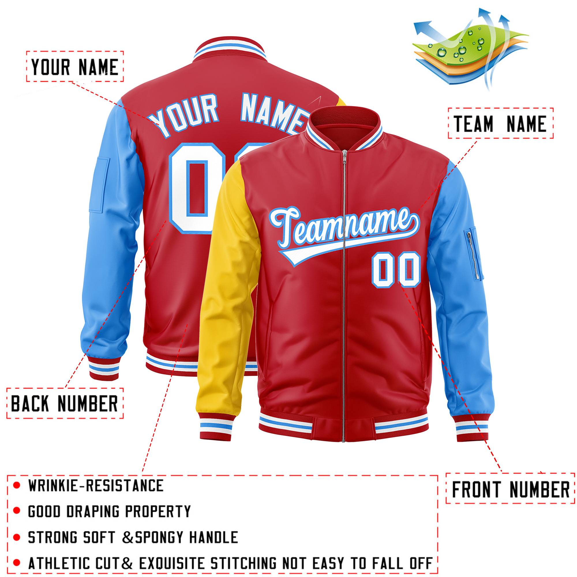 Custom Red Powder Blue-Gold Varsity Full-Zip Raglan Sleeves Letterman Bomber Jacket