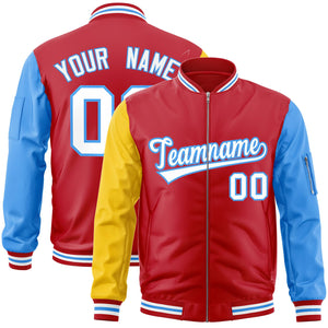 Custom Red Powder Blue-Gold Varsity Full-Zip Raglan Sleeves Letterman Bomber Jacket