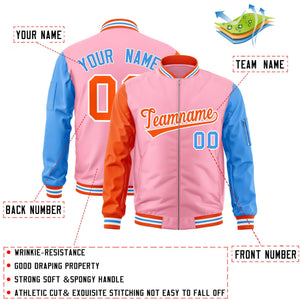 Custom Light Pink Powder Blue-Orange Varsity Full-Zip Raglan Sleeves Letterman Bomber Jacket