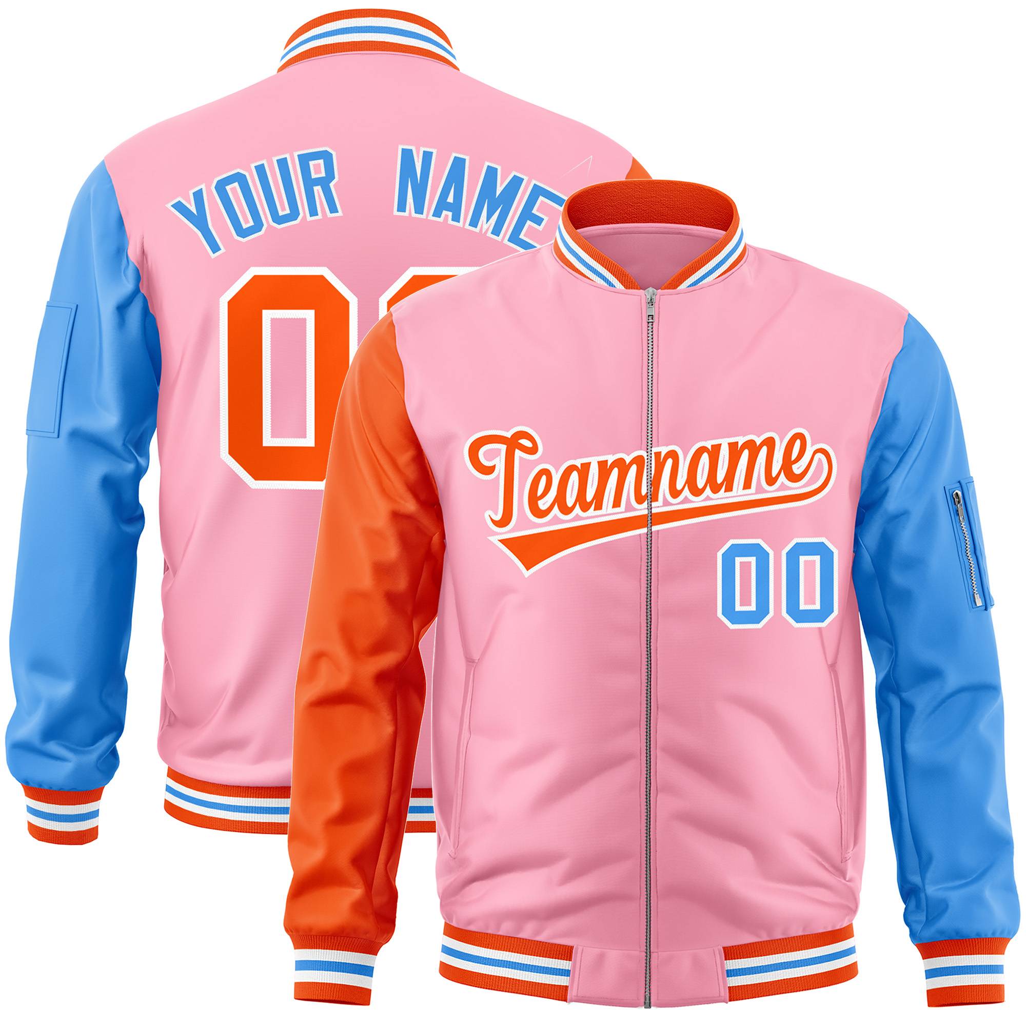 Custom Light Pink Powder Blue-Orange Varsity Full-Zip Raglan Sleeves Letterman Bomber Jacket