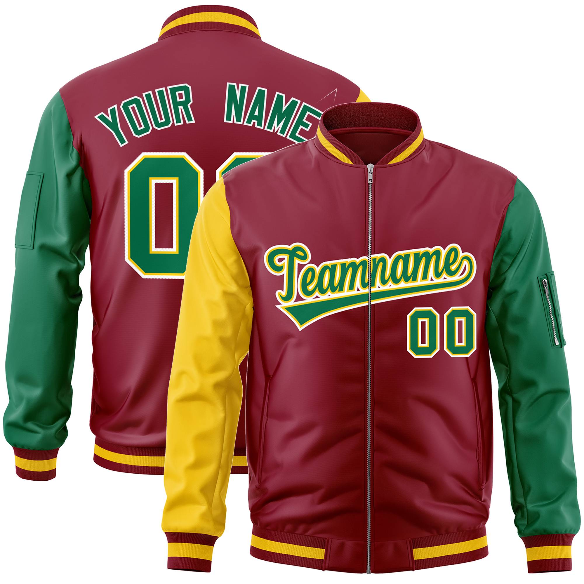 Custom Crimson Kelly Green-Gold Varsity Full-Zip Raglan Sleeves Letterman Bomber Jacket