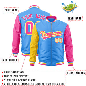 Custom Powder Blue Pink-Gold Varsity Full-Zip Raglan Sleeves Letterman Bomber Jacket