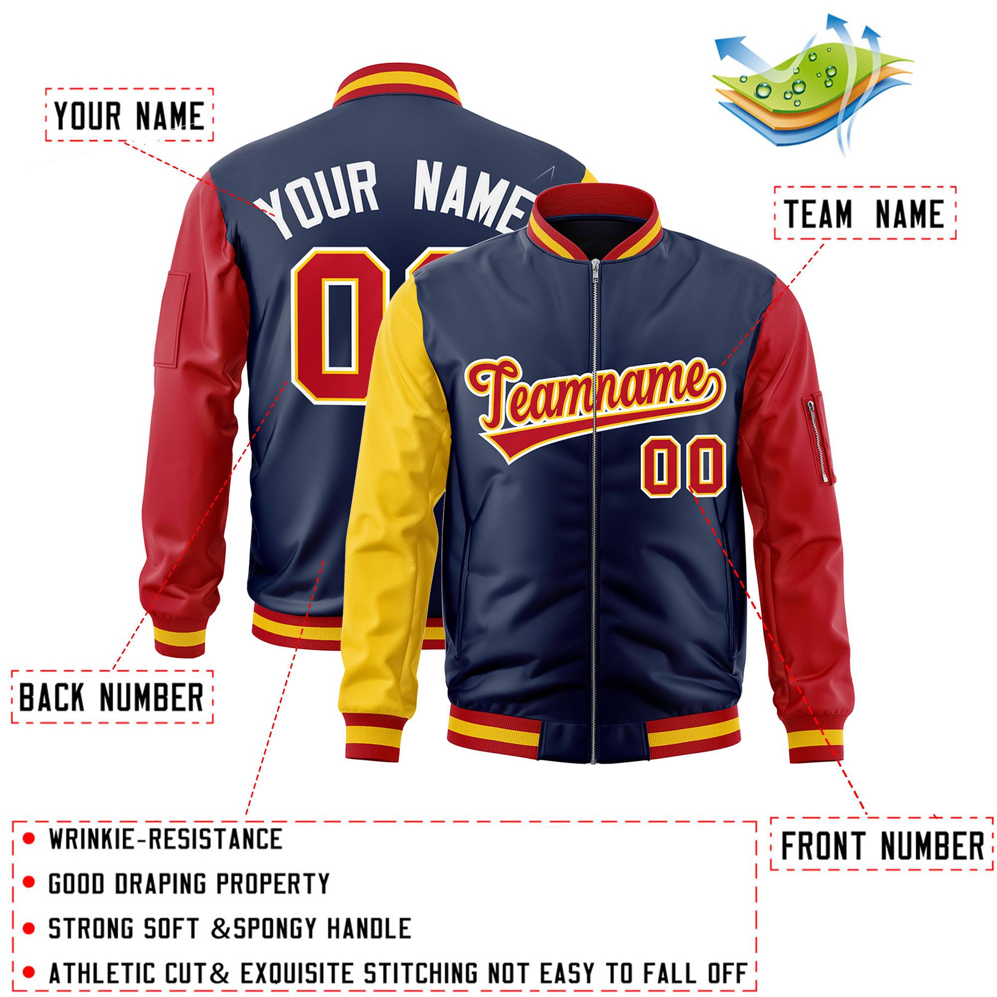 Custom Navy Red-Gold Varsity Full-Zip Raglan Sleeves Letterman Bomber Jacket