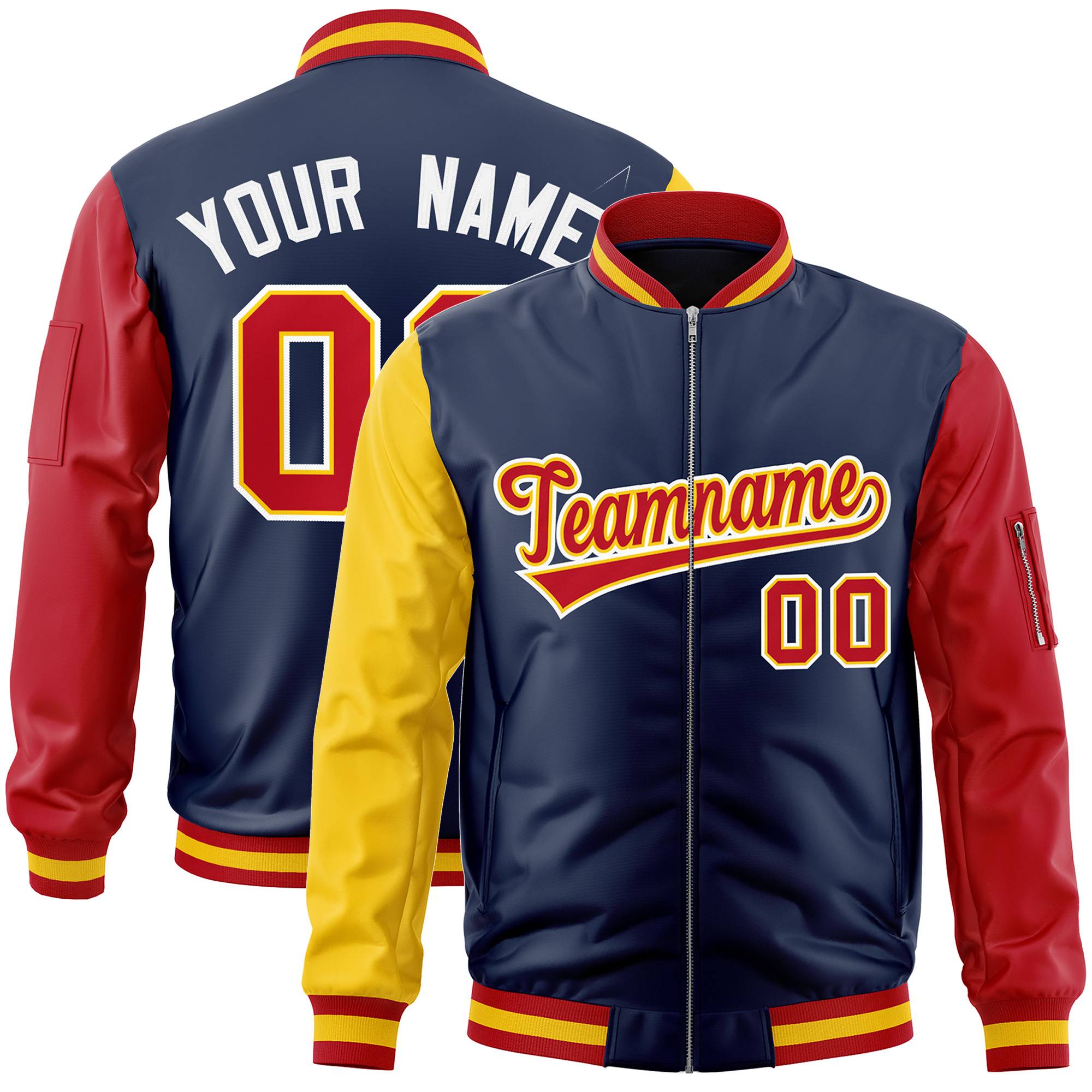 Custom Navy Red-Gold Varsity Full-Zip Raglan Sleeves Letterman Bomber Jacket