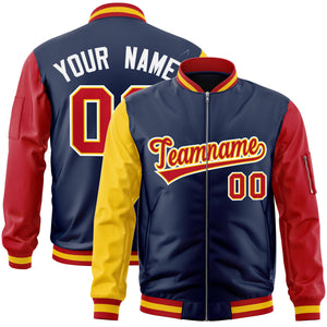 Custom Navy Red-Gold Varsity Full-Zip Raglan Sleeves Letterman Bomber Jacket