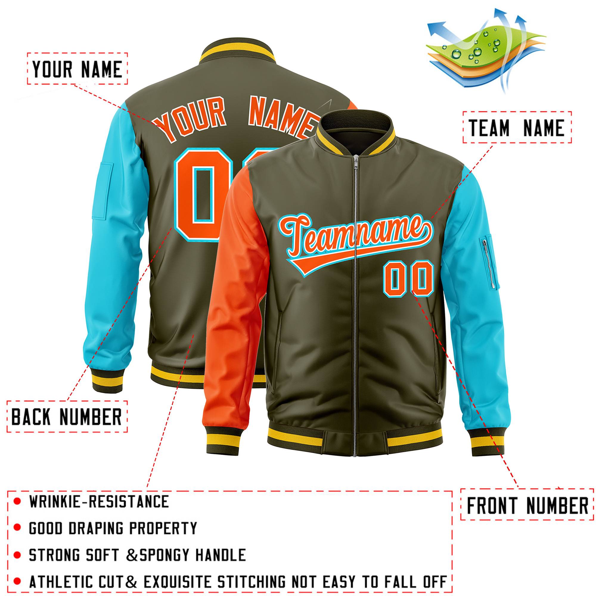 Custom Olive Sky Blue-Orange Varsity Full-Zip Raglan Sleeves Letterman Bomber Jacket