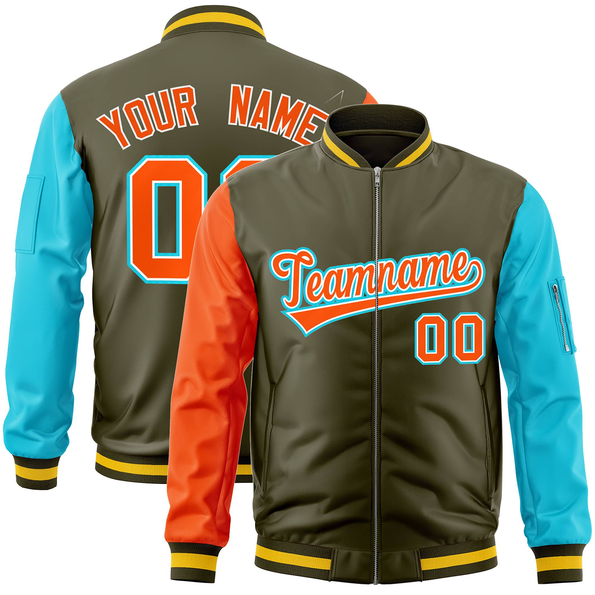 Custom Olive Sky Blue-Orange Varsity Full-Zip Raglan Sleeves Letterman Bomber Jacket