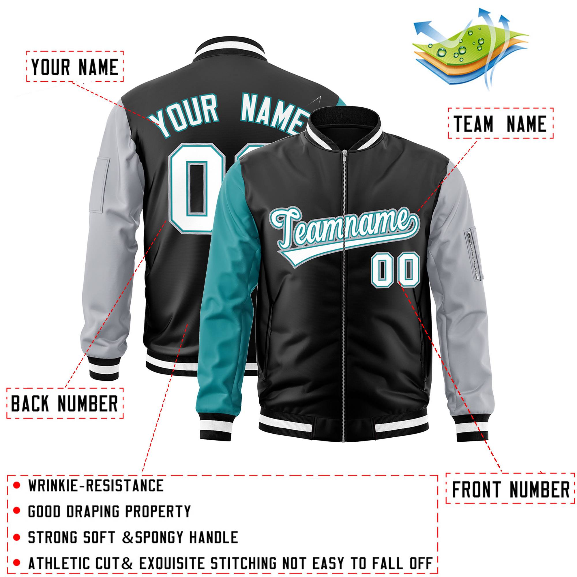 Custom Black Gray-Aqua Varsity Full-Zip Raglan Sleeves Letterman Bomber Jacket