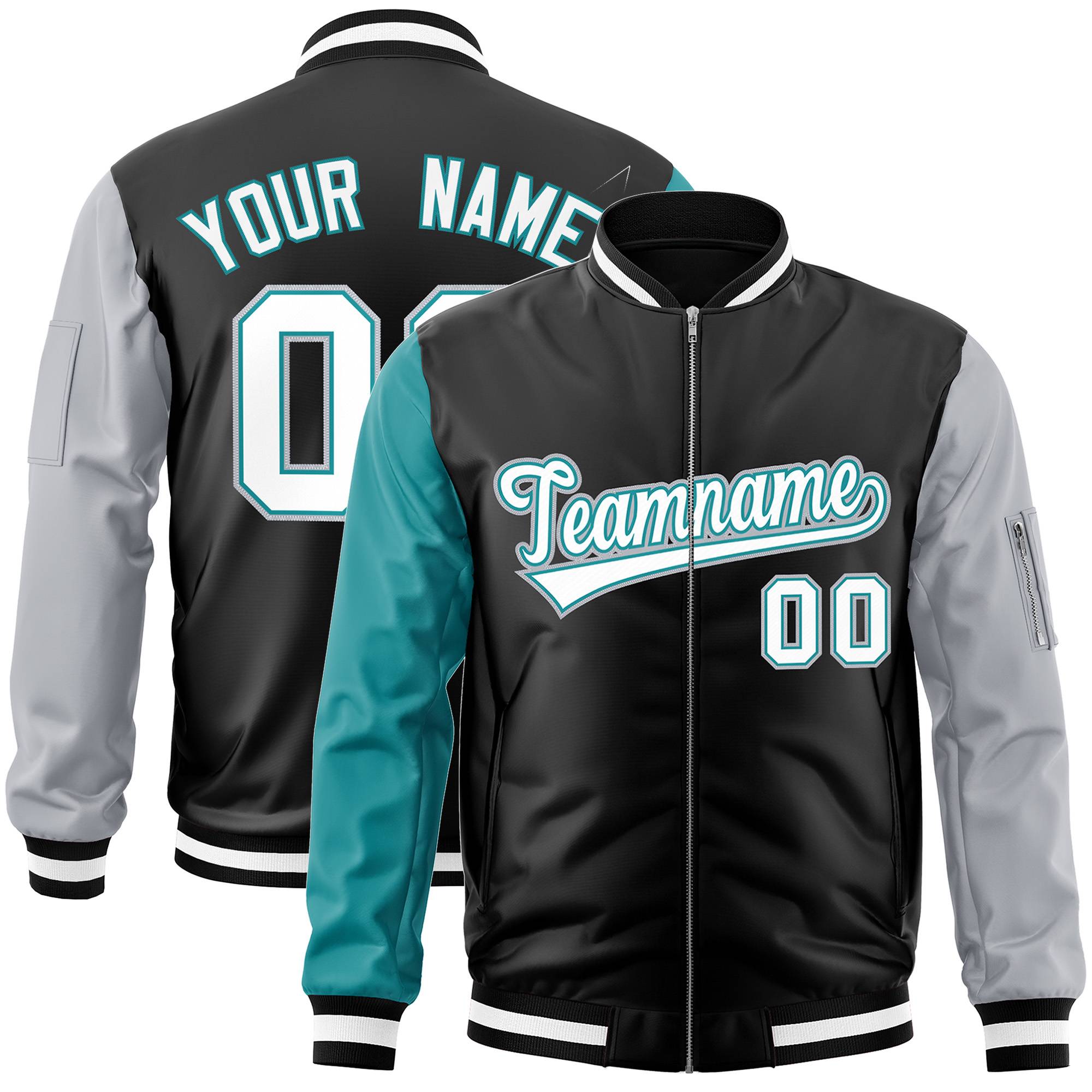 Custom Black Gray-Aqua Varsity Full-Zip Raglan Sleeves Letterman Bomber Jacket