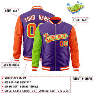 Custom Purple Orange-Neon Green Varsity Full-Zip Raglan Sleeves Letterman Bomber Jacket