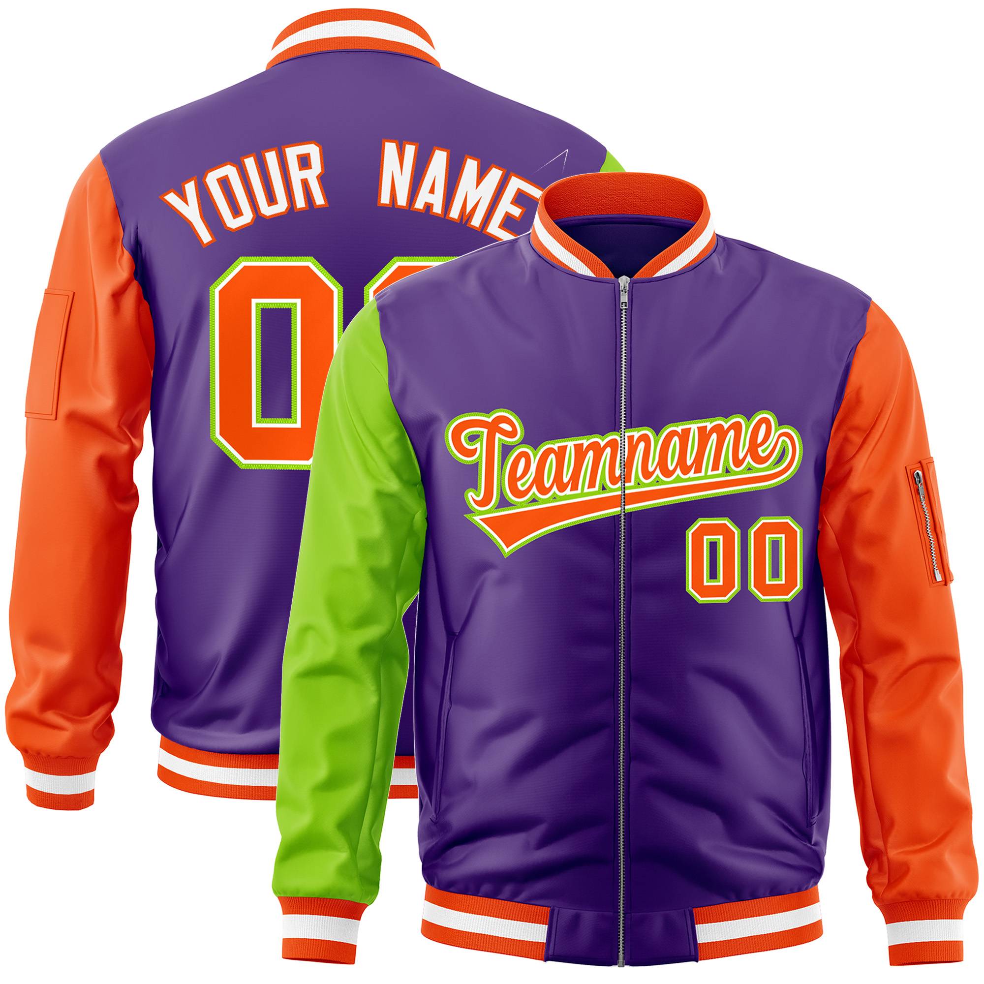 Custom Purple Orange-Neon Green Varsity Full-Zip Raglan Sleeves Letterman Bomber Jacket