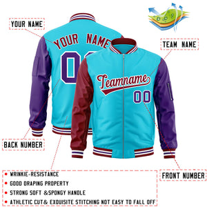 Custom Sky Blue Purple-Crimson Varsity Full-Zip Raglan Sleeves Letterman Bomber Jacket