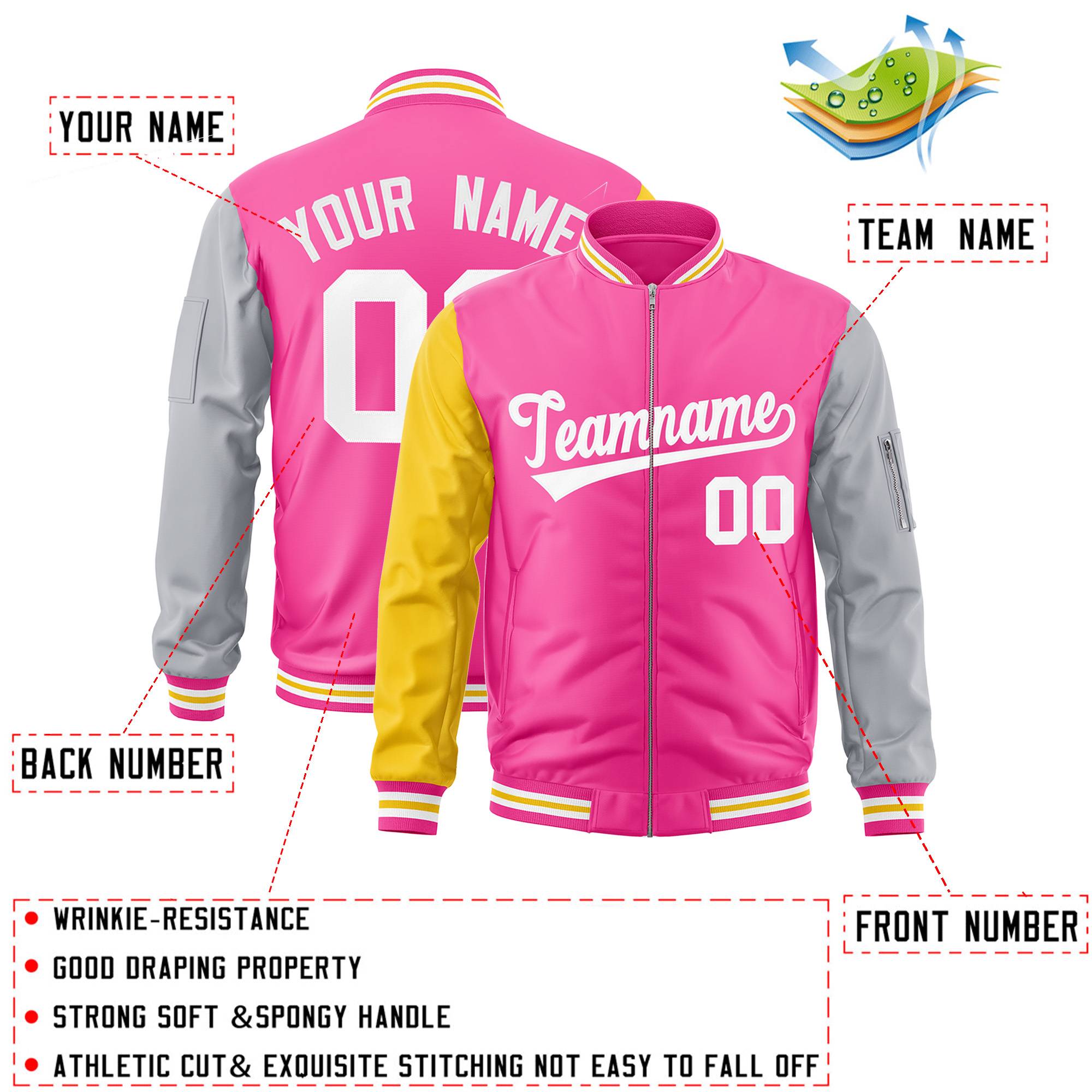 Custom Pink Gray-Gold Varsity Full-Zip Raglan Sleeves Letterman Bomber Jacket