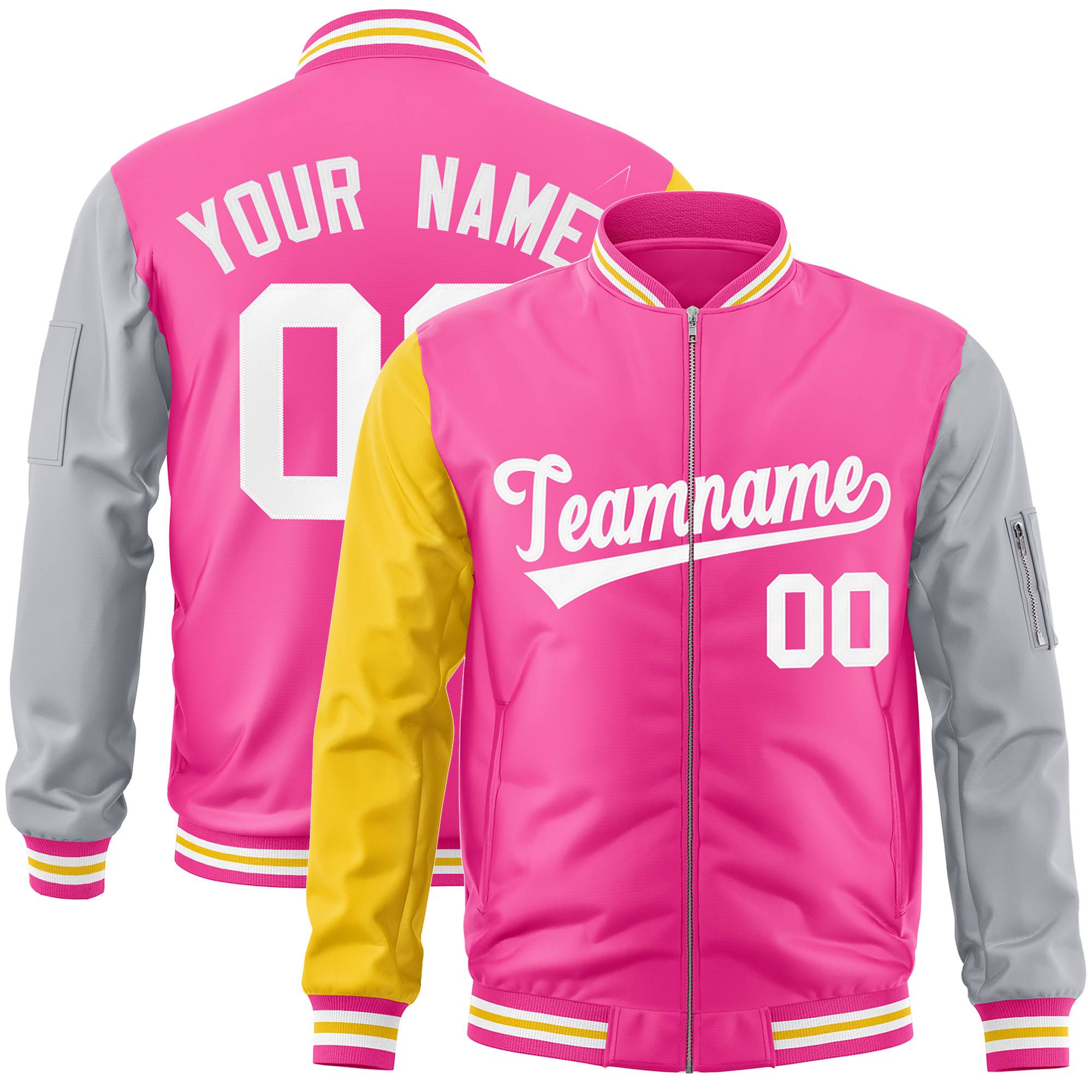 Custom Pink Gray-Gold Varsity Full-Zip Raglan Sleeves Letterman Bomber Jacket