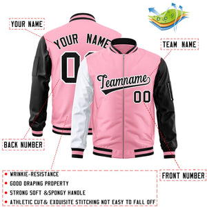 Custom Light Pink Black-White Varsity Full-Zip Raglan Sleeves Letterman Bomber Jacket