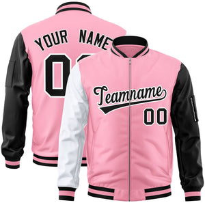 Custom Light Pink Black-White Varsity Full-Zip Raglan Sleeves Letterman Bomber Jacket