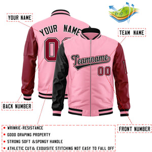 Custom Light Pink Crimson-Black Varsity Full-Zip Raglan Sleeves Letterman Bomber Jacket