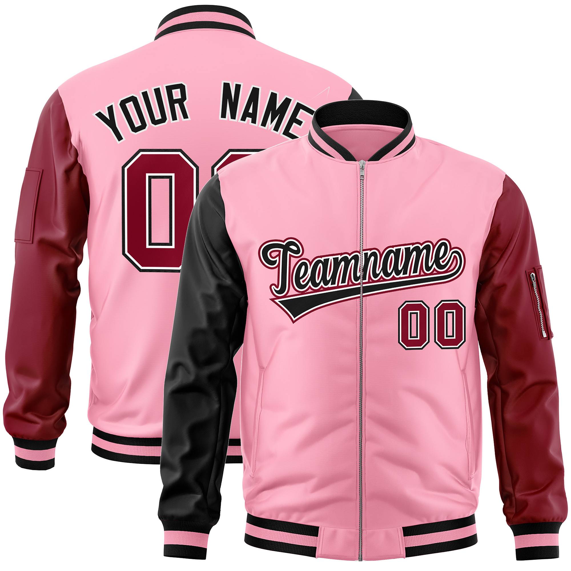 Custom Light Pink Crimson-Black Varsity Full-Zip Raglan Sleeves Letterman Bomber Jacket