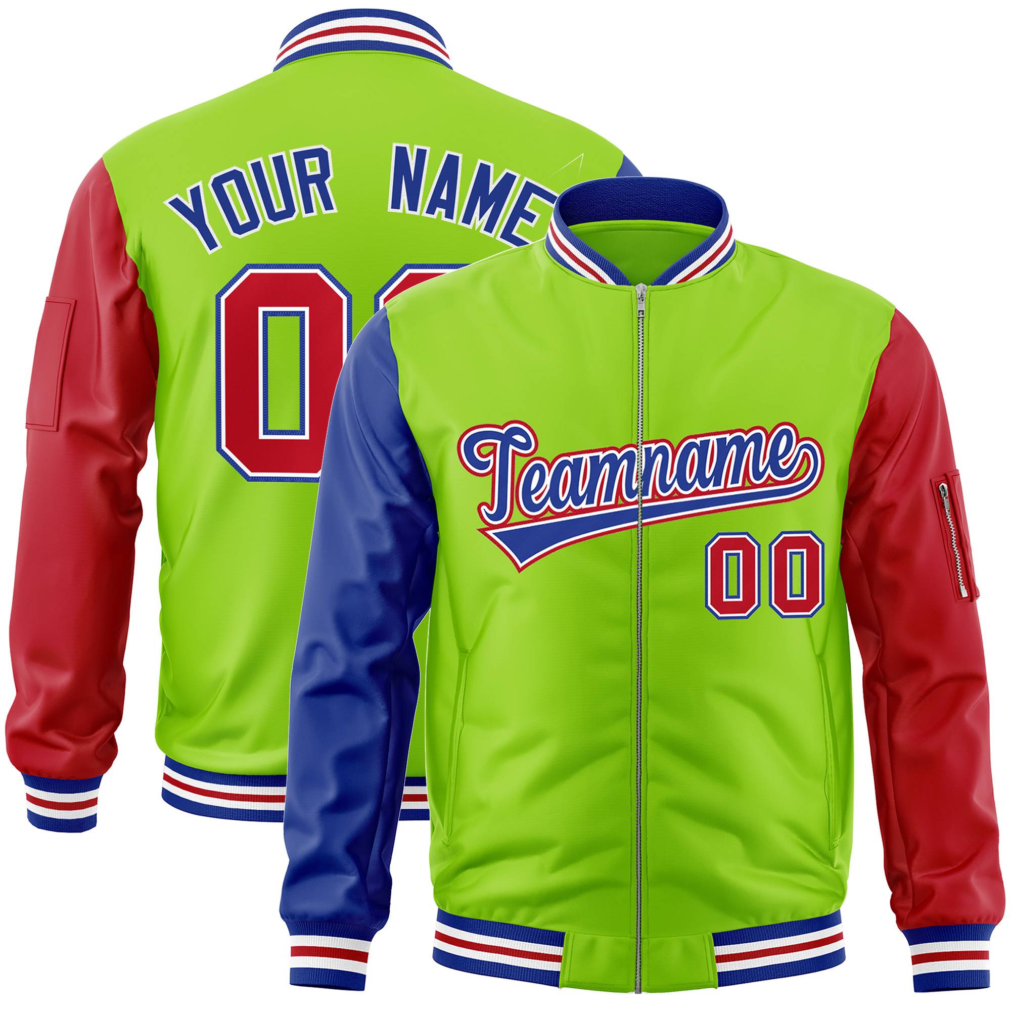 Custom Neon Green Red-Royal Varsity Full-Zip Raglan Sleeves Letterman Bomber Jacket