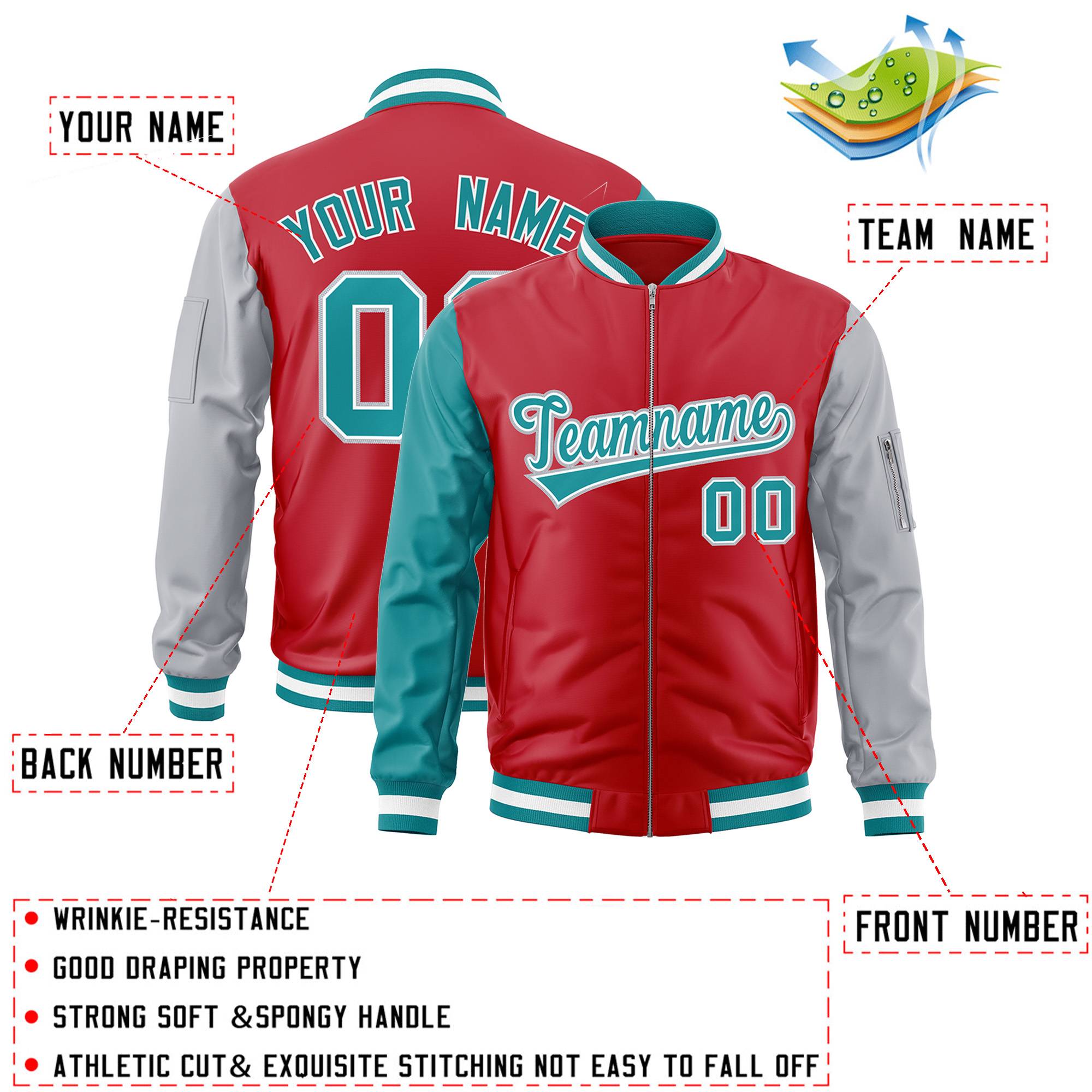 Custom Red Gray-Aqua Varsity Full-Zip Raglan Sleeves Letterman Bomber Jacket