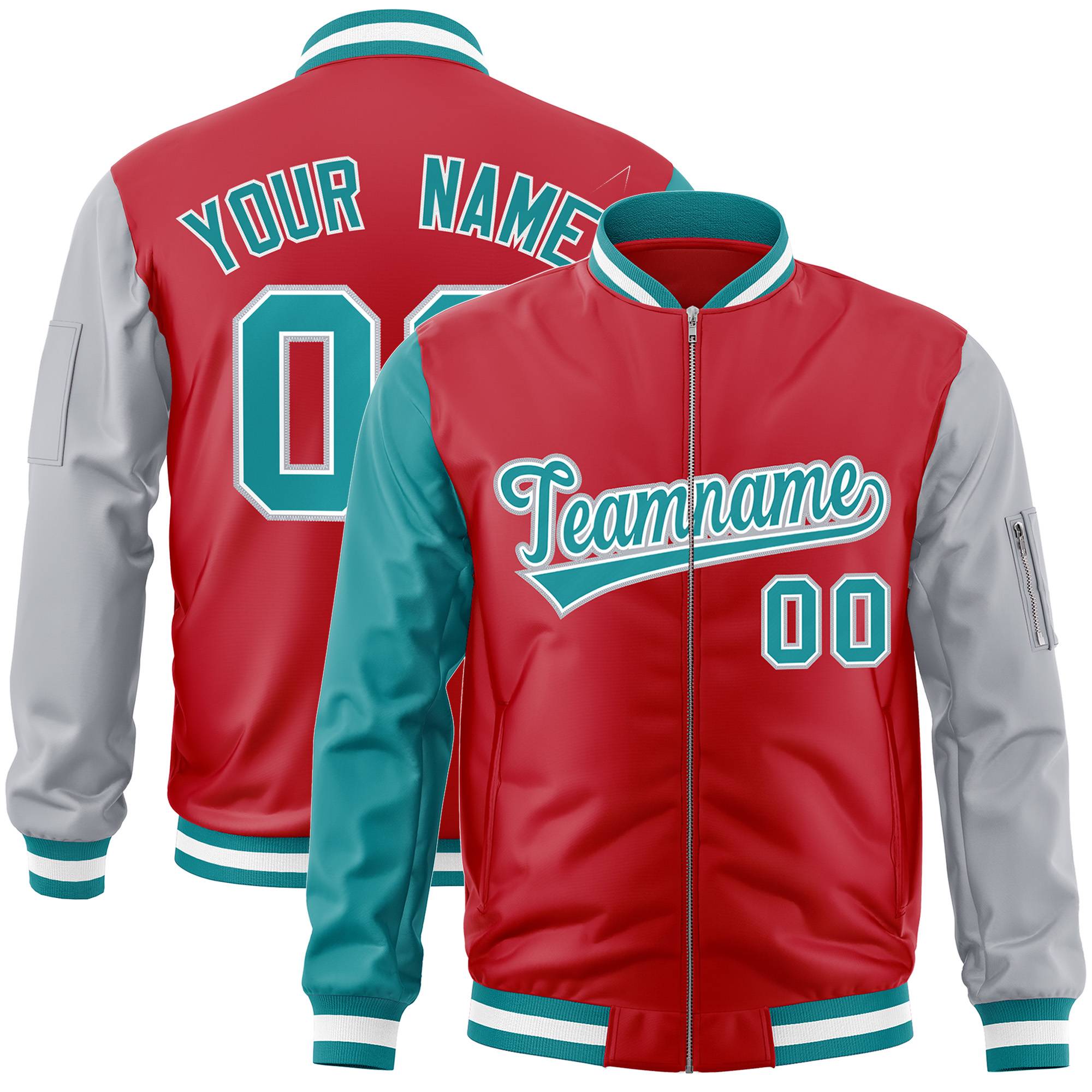 Custom Red Gray-Aqua Varsity Full-Zip Raglan Sleeves Letterman Bomber Jacket