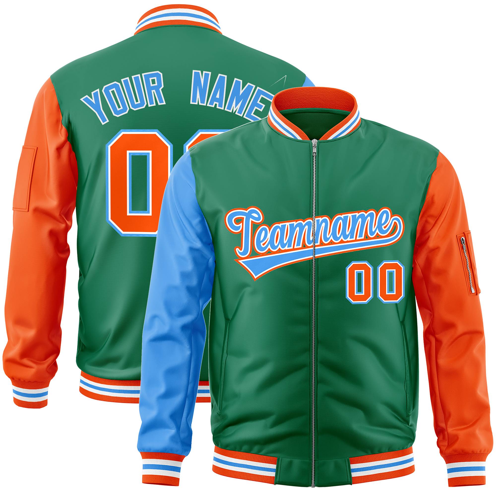 Custom Kelly Green Orange-Powder Blue Varsity Full-Zip Raglan Sleeves Letterman Bomber Jacket