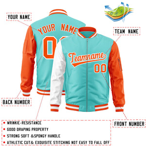 Custom Bright Green Orange-White Varsity Full-Zip Raglan Sleeves Letterman Bomber Jacket