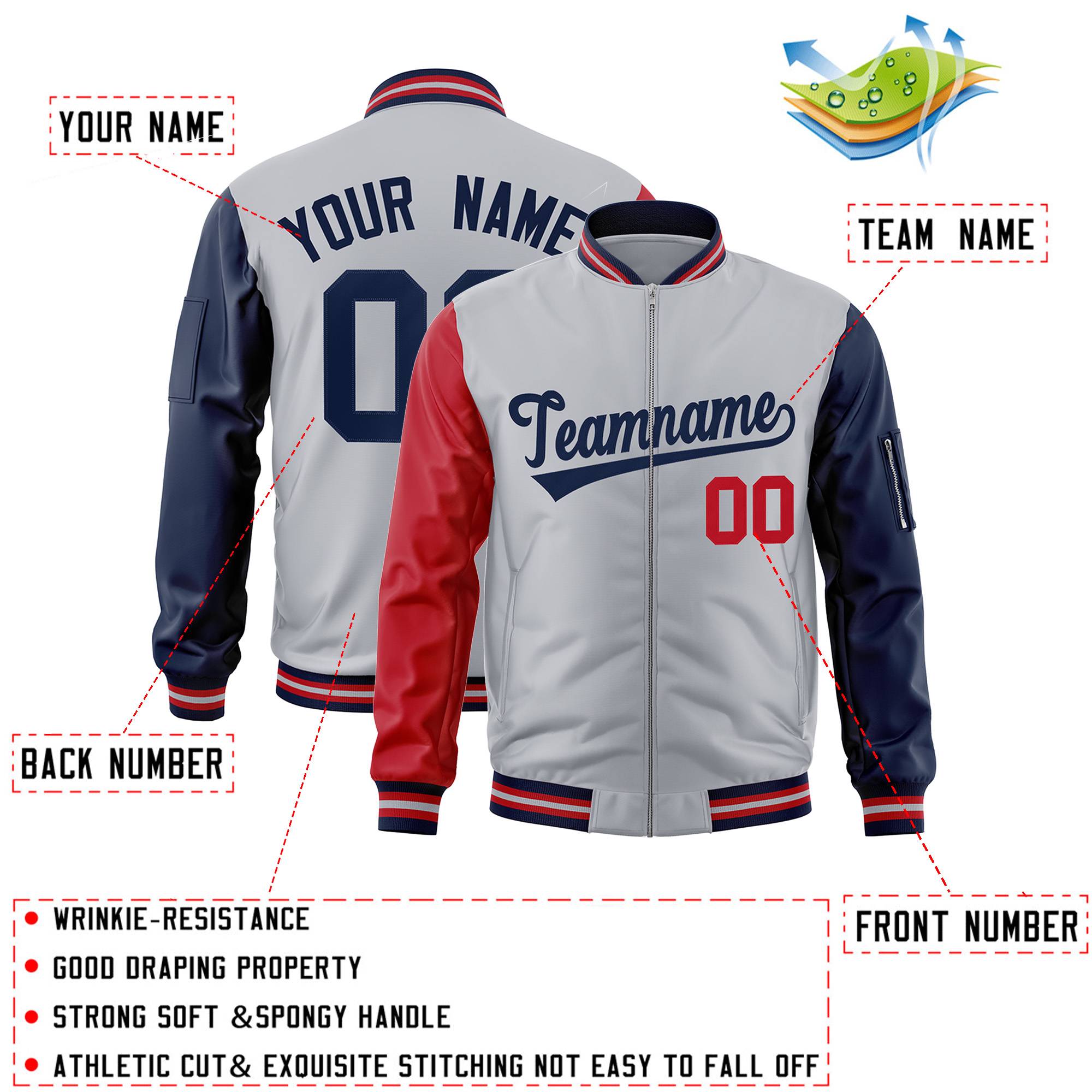 Custom Gray Navy-Red Varsity Full-Zip Raglan Sleeves Letterman Bomber Jacket