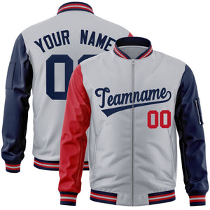 Custom Gray Navy-Red Varsity Full-Zip Raglan Sleeves Letterman Bomber Jacket