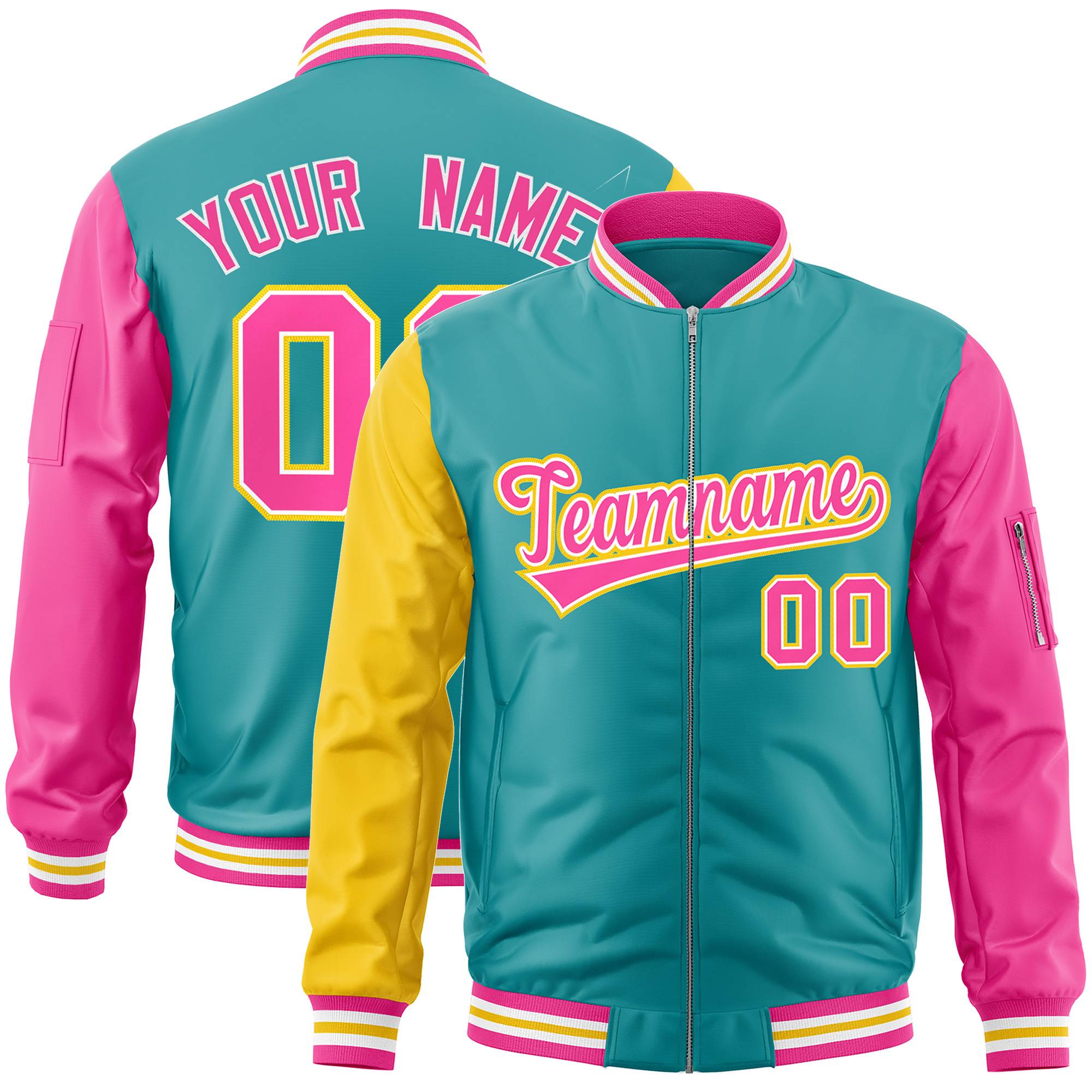 Custom Aqua Pink-Gold Varsity Full-Zip Raglan Sleeves Letterman Bomber Jacket