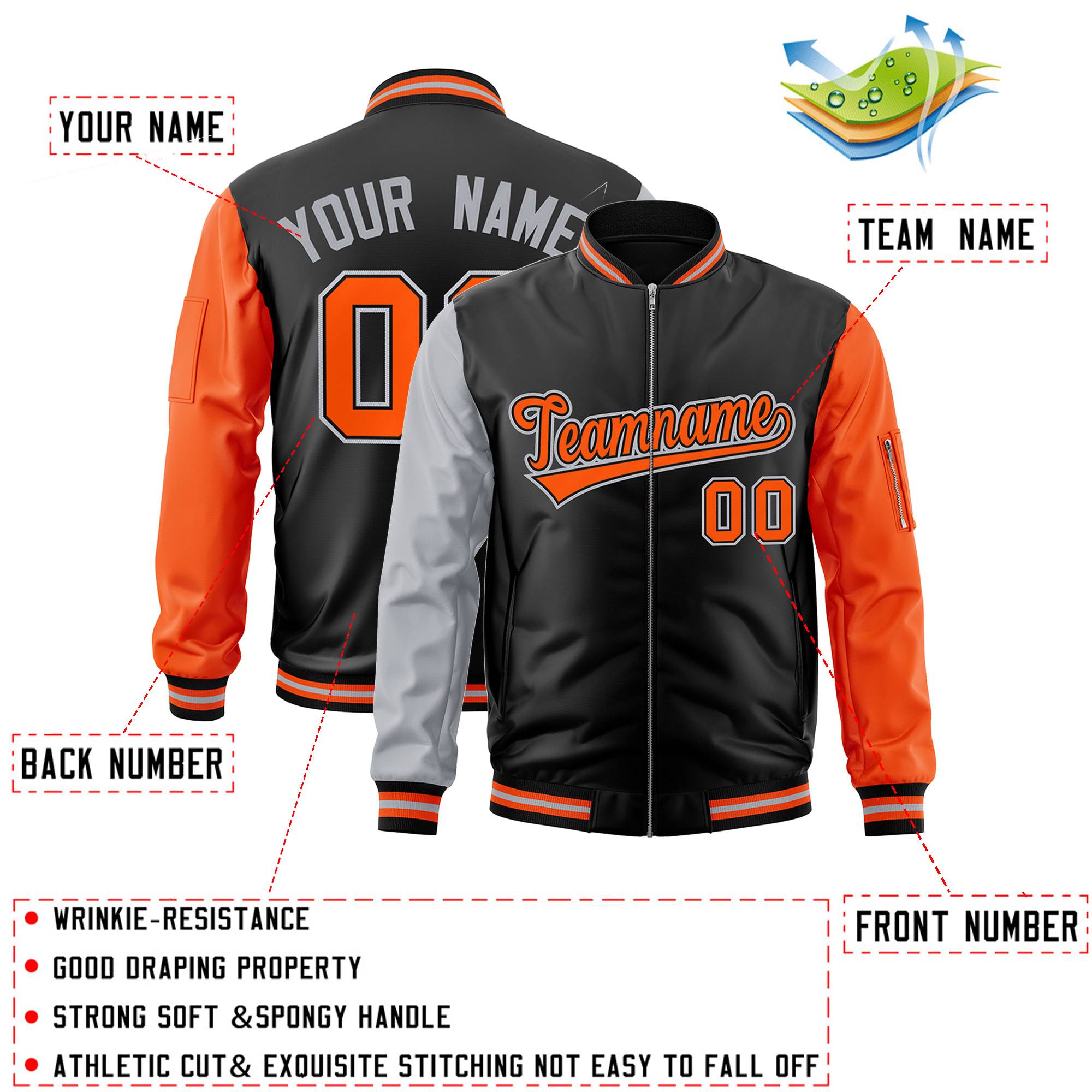 Custom Black Orange-Gray Varsity Full-Zip Raglan Sleeves Letterman Bomber Jacket