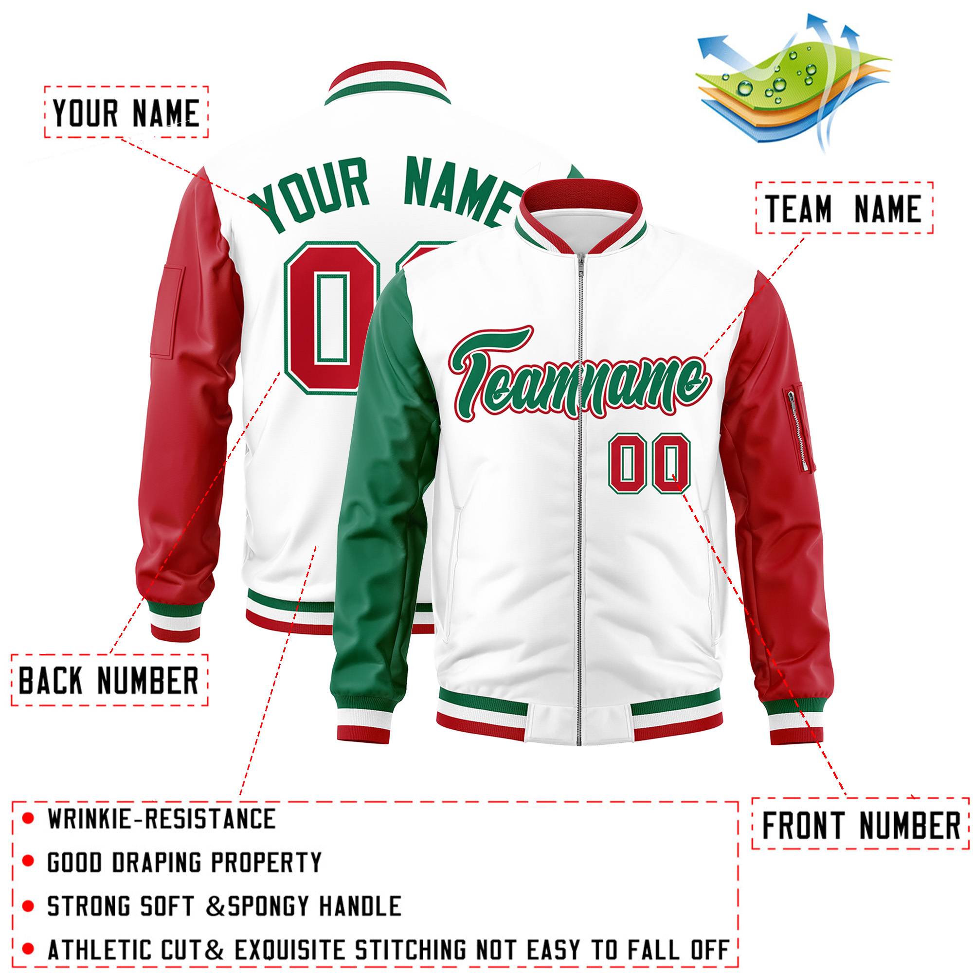 Custom White Red-Kelly Green Varsity Full-Zip Raglan Sleeves Letterman Bomber Jacket