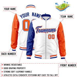 Custom White Orange-Royal Varsity Full-Zip Raglan Sleeves Letterman Bomber Jacket