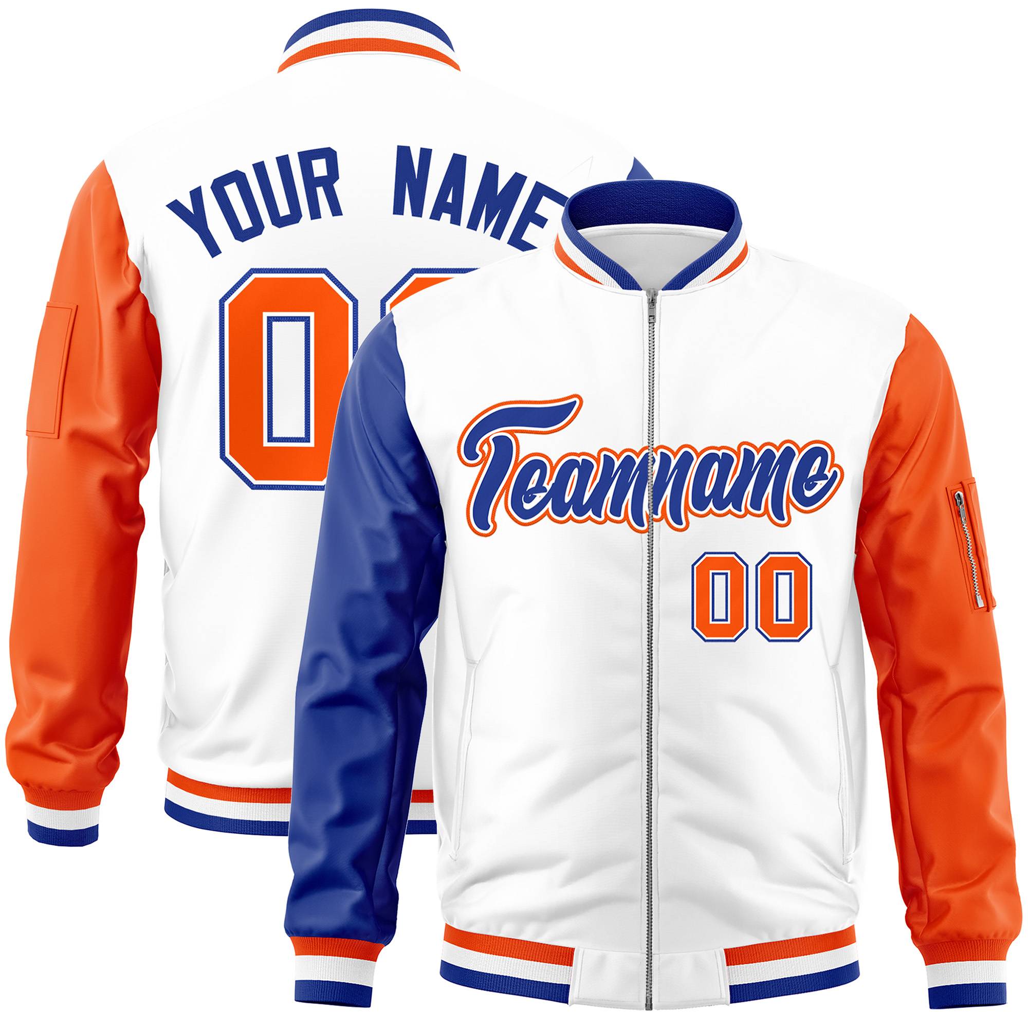 Custom White Orange-Royal Varsity Full-Zip Raglan Sleeves Letterman Bomber Jacket