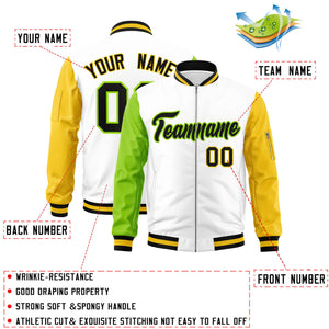 Custom White Gold-Neon Green Varsity Full-Zip Raglan Sleeves Letterman Bomber Jacket