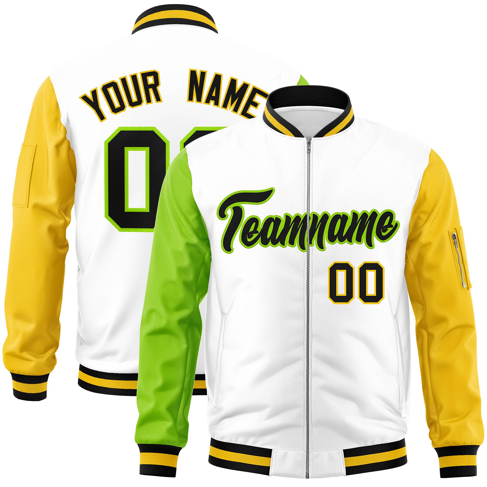 Custom White Gold-Neon Green Varsity Full-Zip Raglan Sleeves Letterman Bomber Jacket