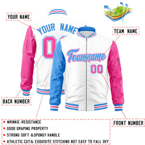 Custom White Pink-Powder Blue Varsity Full-Zip Raglan Sleeves Letterman Bomber Jacket