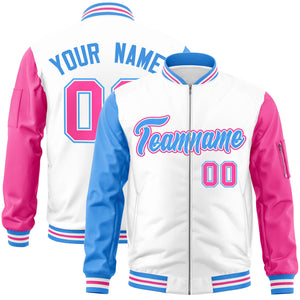 Custom White Pink-Powder Blue Varsity Full-Zip Raglan Sleeves Letterman Bomber Jacket