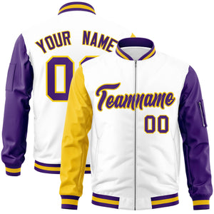 Custom White Purple-Gold Varsity Full-Zip Raglan Sleeves Letterman Bomber Jacket